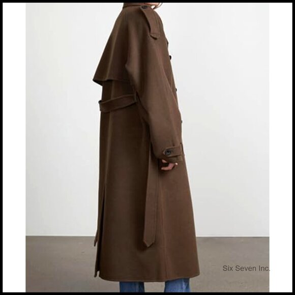 Women's Double Breasted Trench Coat Long Sleeve Loose Fit Belted Pea Coat - Picture 5 of 6